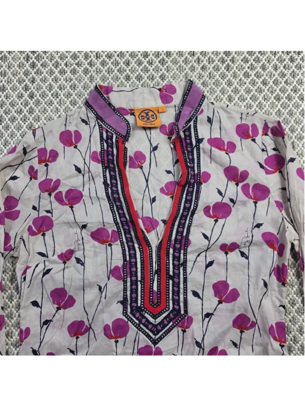 Tory Burch Womens 2 Floral Poppy Print Embroidered Tunic Top Pink Purple